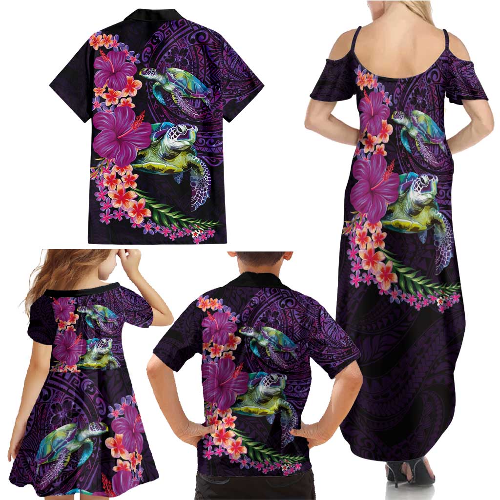 Hawaiian Plumeria and Hibiscus with Turtles Family Matching Summer Maxi Dress and Hawaiian Shirt Polynesian Art Purple Color - Polynesian Pride