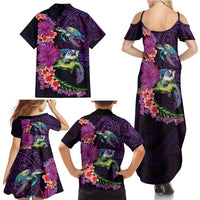 Hawaiian Plumeria and Hibiscus with Turtles Family Matching Summer Maxi Dress and Hawaiian Shirt Polynesian Art Purple Color - Polynesian Pride