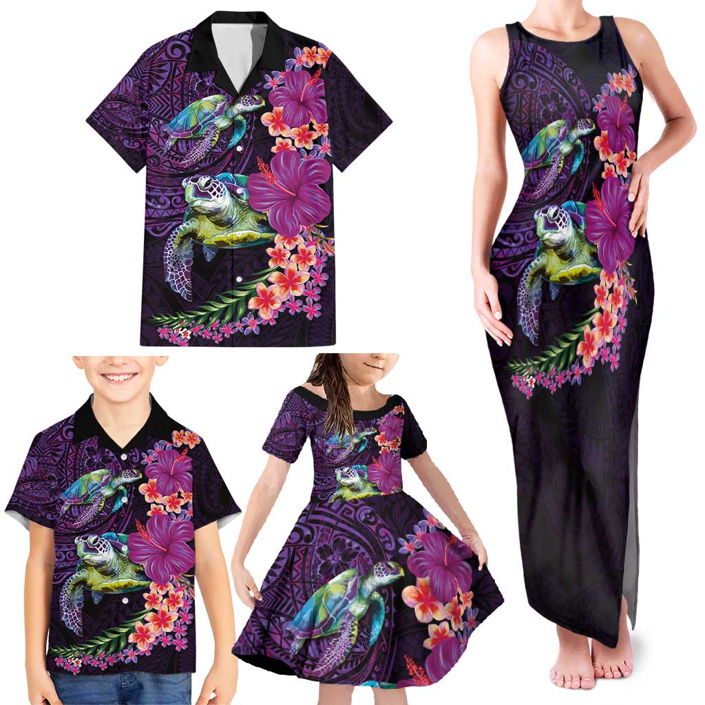 Hawaiian Plumeria and Hibiscus with Turtles Family Matching Tank Maxi Dress and Hawaiian Shirt Polynesian Art Purple Color - Polynesian Pride