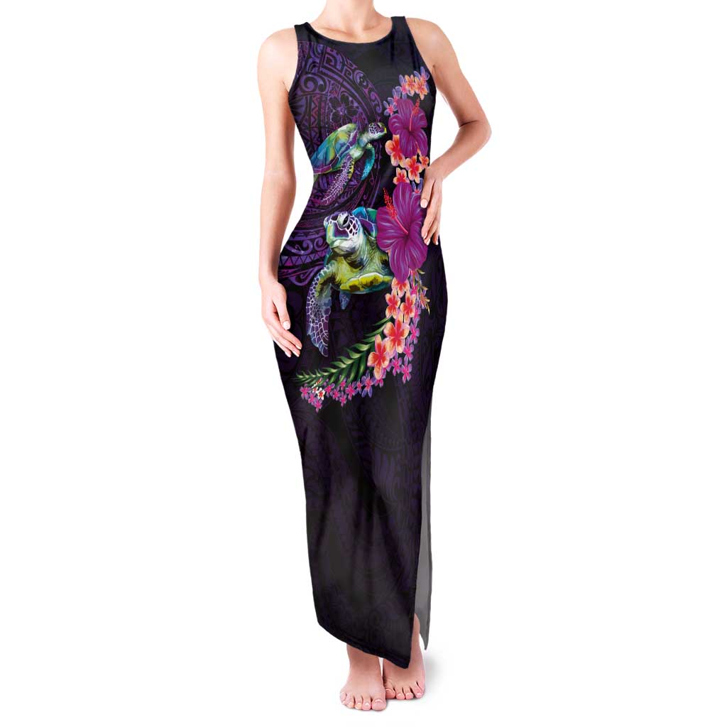 Hawaiian Plumeria and Hibiscus with Turtles Family Matching Tank Maxi Dress and Hawaiian Shirt Polynesian Art Purple Color - Polynesian Pride