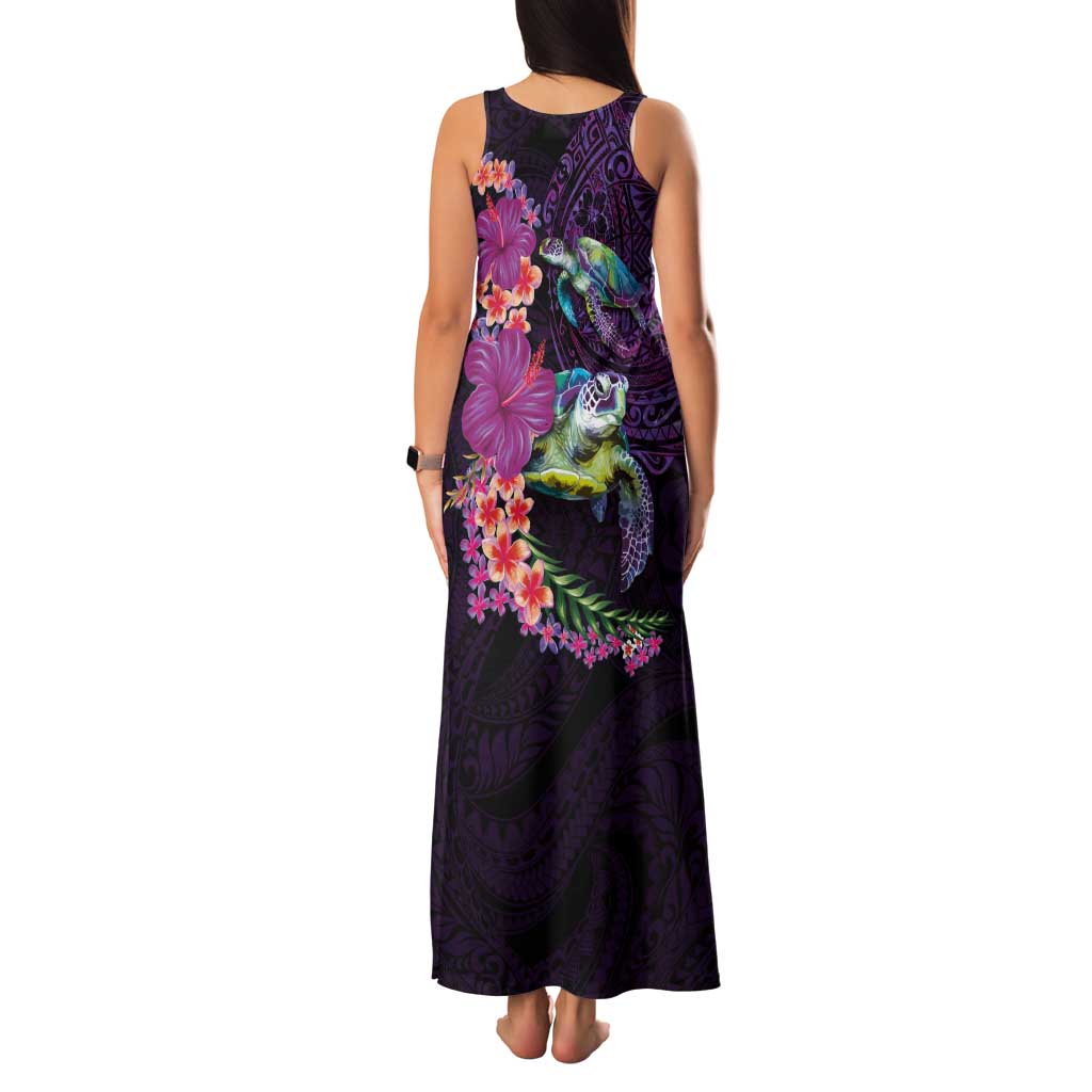 Hawaiian Plumeria and Hibiscus with Turtles Family Matching Tank Maxi Dress and Hawaiian Shirt Polynesian Art Purple Color - Polynesian Pride