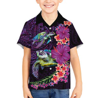 Hawaiian Plumeria and Hibiscus with Turtles Family Matching Tank Maxi Dress and Hawaiian Shirt Polynesian Art Purple Color - Polynesian Pride