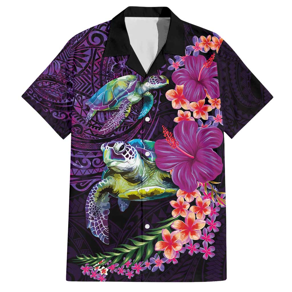 Hawaiian Plumeria and Hibiscus with Turtles Hawaiian Shirt Polynesian Art Purple Color - Polynesian Pride