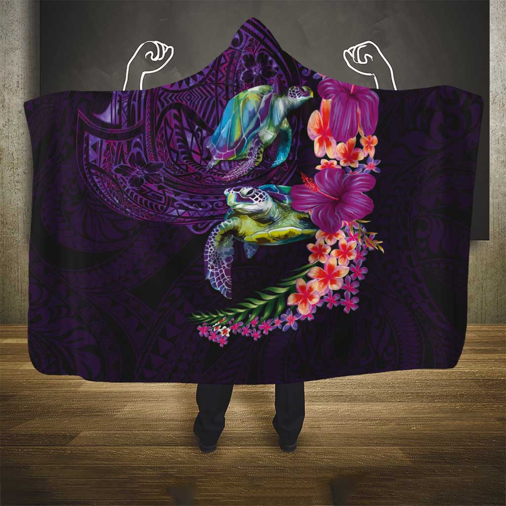 Hawaiian Plumeria and Hibiscus with Turtles Hooded Blanket Polynesian Art Purple Color - Polynesian Pride