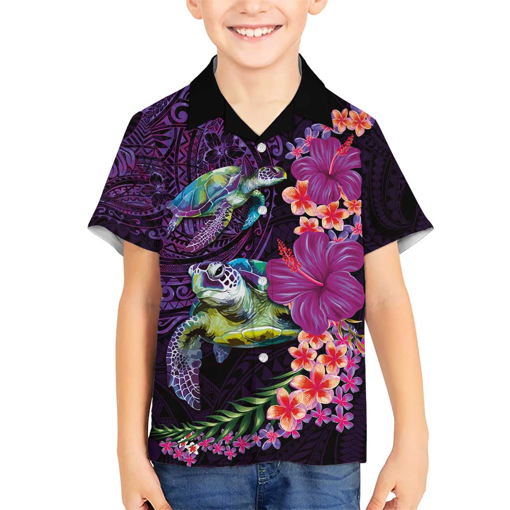 Hawaiian Plumeria and Hibiscus with Turtles Kid Hawaiian Shirt Polynesian Art Purple Color - Polynesian Pride