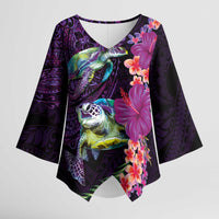Hawaiian Plumeria and Hibiscus with Turtles Kimono Sleeve Blouse Polynesian Art Purple Color - Polynesian Pride