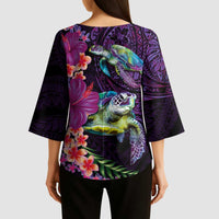 Hawaiian Plumeria and Hibiscus with Turtles Kimono Sleeve Blouse Polynesian Art Purple Color - Polynesian Pride