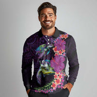 Hawaiian Plumeria and Hibiscus with Turtles Long Sleeve Polo Shirt Polynesian Art Purple Color - Polynesian Pride