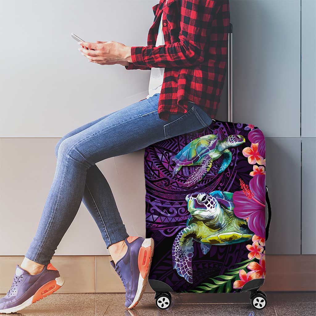 Hawaiian Plumeria and Hibiscus with Turtles Luggage Cover Polynesian Art Purple Color - Polynesian Pride