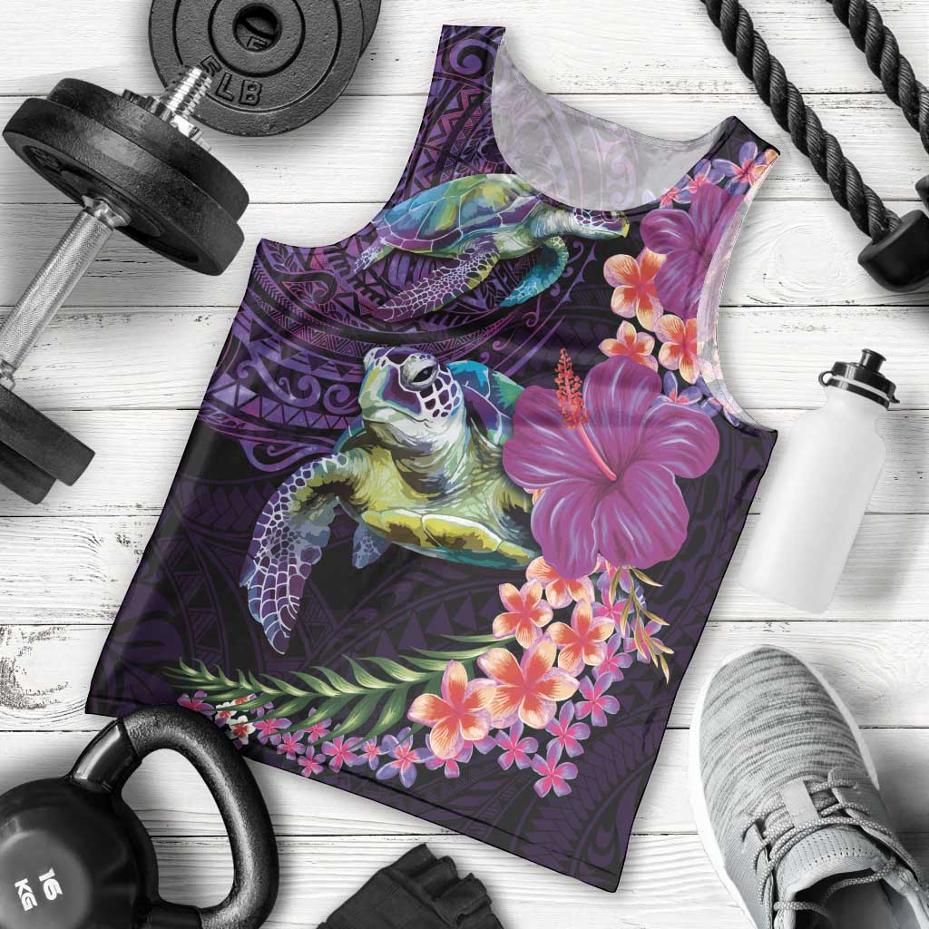 Hawaiian Plumeria and Hibiscus with Turtles Men Tank Top Polynesian Art Purple Color - Polynesian Pride