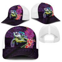 Hawaiian Plumeria and Hibiscus with Turtles Mesh Trucker Cap Polynesian Art Purple Color - Polynesian Pride
