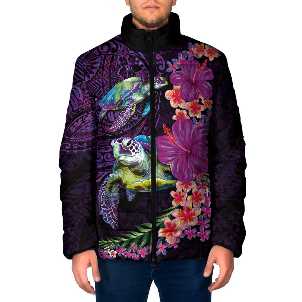Hawaiian Plumeria and Hibiscus with Turtles Padded Jacket Polynesian Art Purple Color LT03 Men Purple - Polynesian Pride