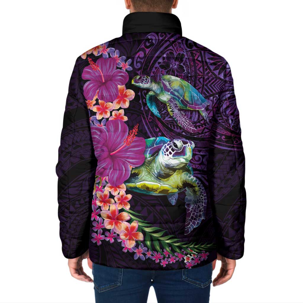 Hawaiian Plumeria and Hibiscus with Turtles Padded Jacket Polynesian Art Purple Color - Polynesian Pride