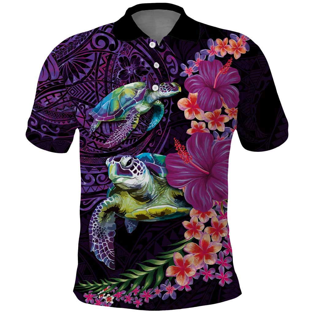 Hawaiian Plumeria and Hibiscus with Turtles Polo Shirt Polynesian Art Purple Color - Polynesian Pride
