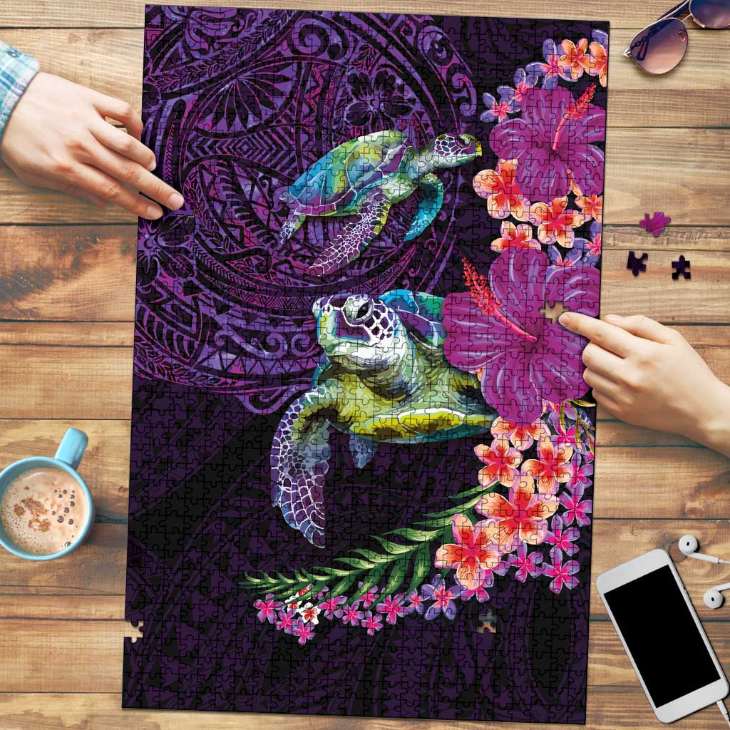 Hawaiian Plumeria and Hibiscus with Turtles Puzzle Polynesian Art Purple Color LT03 Purple - Polynesian Pride