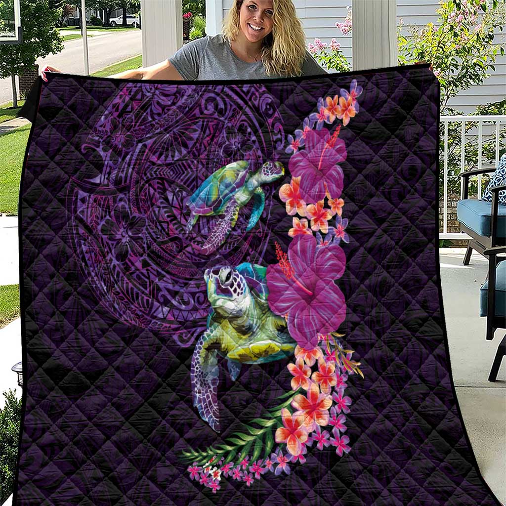 Hawaiian Plumeria and Hibiscus with Turtles Quilt Polynesian Art Purple Color LT03 Purple - Polynesian Pride