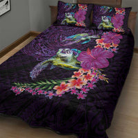 Hawaiian Plumeria and Hibiscus with Turtles Quilt Bed Set Polynesian Art Purple Color - Polynesian Pride