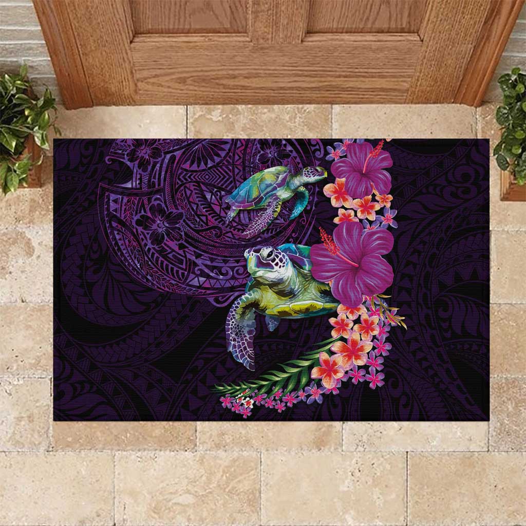 Hawaiian Plumeria and Hibiscus with Turtles Rubber Doormat Polynesian Art Purple Color LT03 Purple - Polynesian Pride