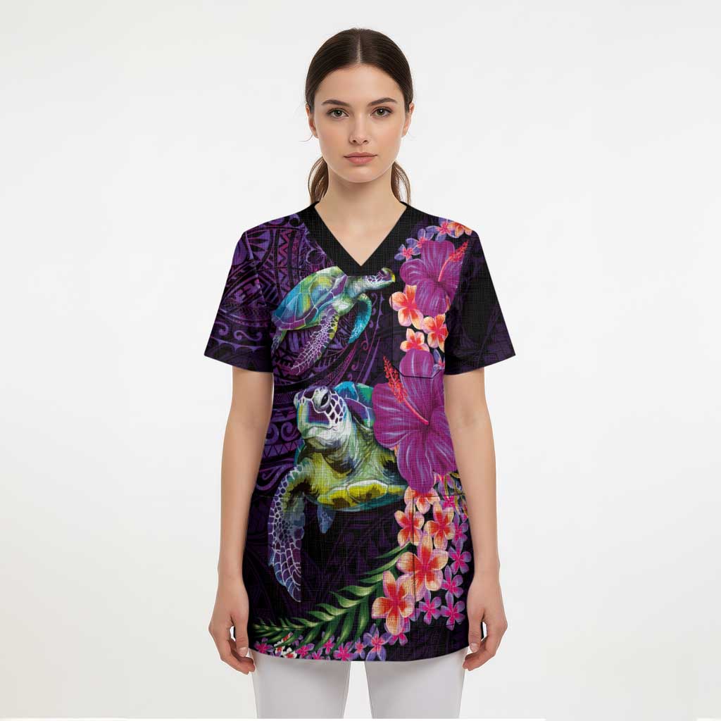 Hawaiian Plumeria and Hibiscus with Turtles Scrub Top Polynesian Art Purple Color - Polynesian Pride