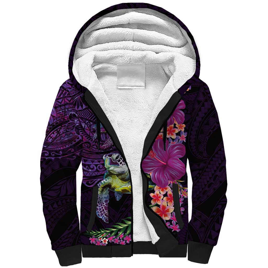 Hawaiian Plumeria and Hibiscus with Turtles Sherpa Hoodie Polynesian Art Purple Color LT03 Unisex Purple - Polynesian Pride