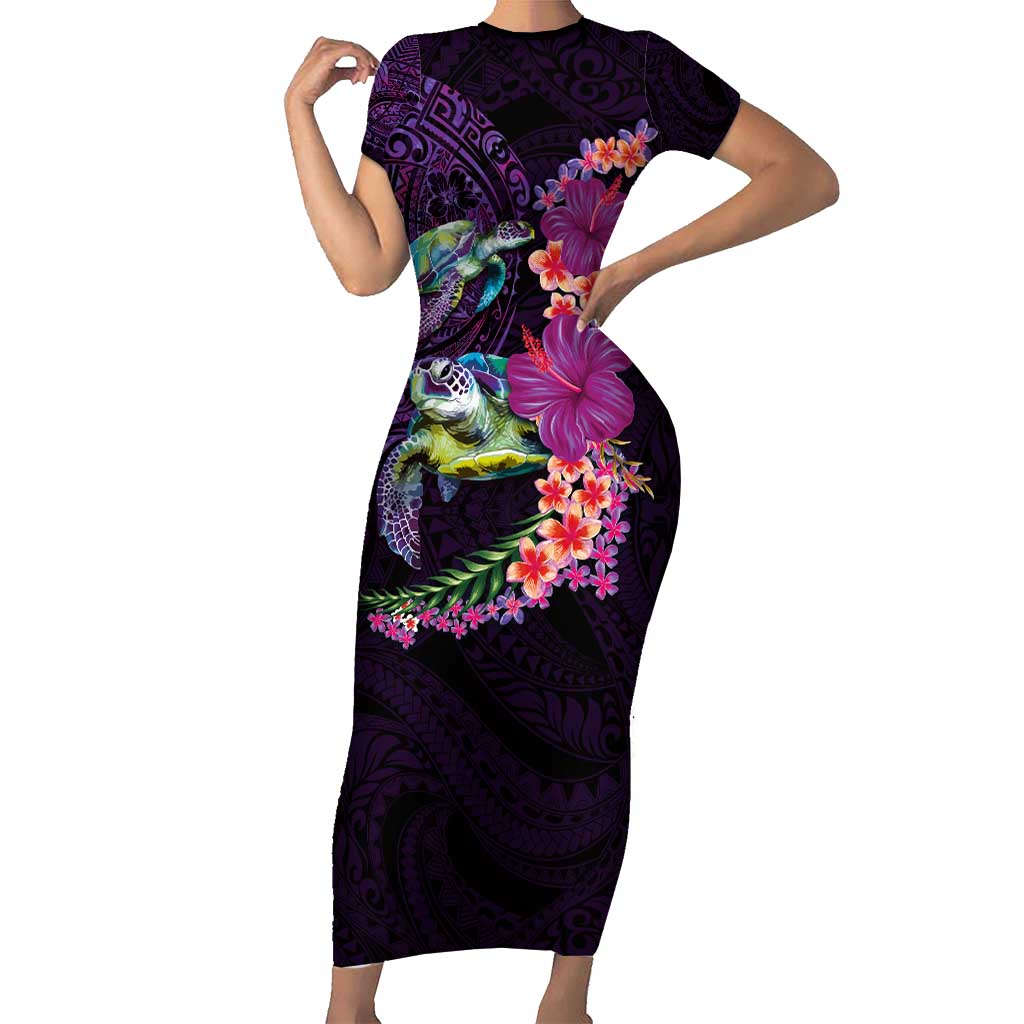 Hawaiian Plumeria and Hibiscus with Turtles Short Sleeve Bodycon Dress Polynesian Art Purple Color - Polynesian Pride