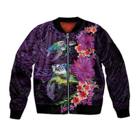 Hawaiian Plumeria and Hibiscus with Turtles Sleeve Zip Bomber Jacket Polynesian Art Purple Color - Polynesian Pride