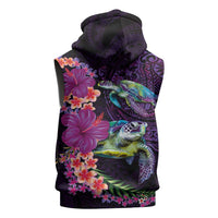 Hawaiian Plumeria and Hibiscus with Turtles Sleeveless Hoodie Polynesian Art Purple Color - Polynesian Pride