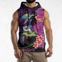 Hawaiian Plumeria and Hibiscus with Turtles Sleeveless Hoodie Polynesian Art Purple Color - Polynesian Pride