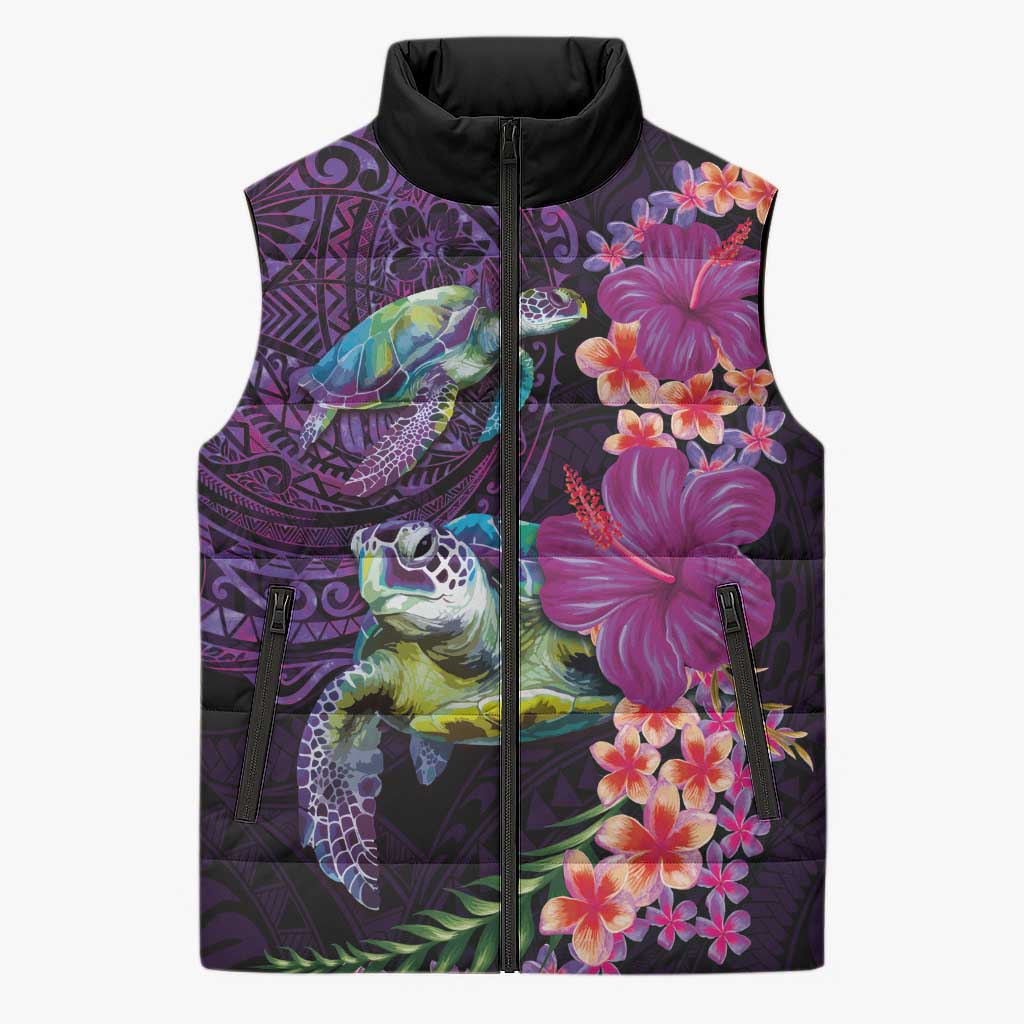 Hawaiian Plumeria and Hibiscus with Turtles Sleeveless Puffer Jacket Polynesian Art Purple Color LT03 Unisex Purple - Polynesian Pride