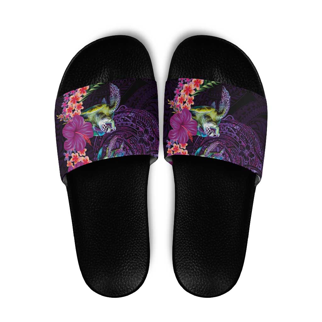 Hawaiian Plumeria and Hibiscus with Turtles Slide Sandals Polynesian Art Purple Color LT03 Purple - Polynesian Pride