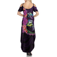 Hawaiian Plumeria and Hibiscus with Turtles Summer Maxi Dress Polynesian Art Purple Color - Polynesian Pride