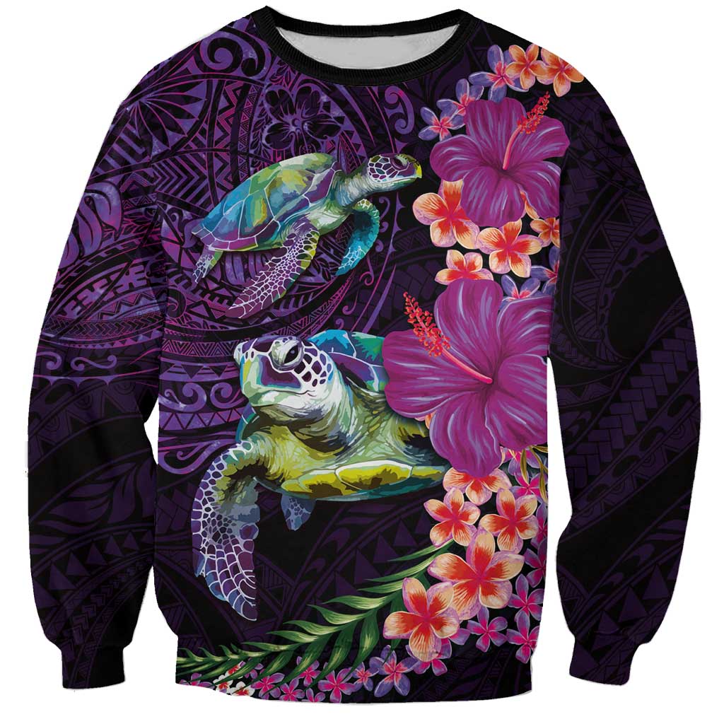 Hawaiian Plumeria and Hibiscus with Turtles Sweatshirt Polynesian Art Purple Color - Polynesian Pride