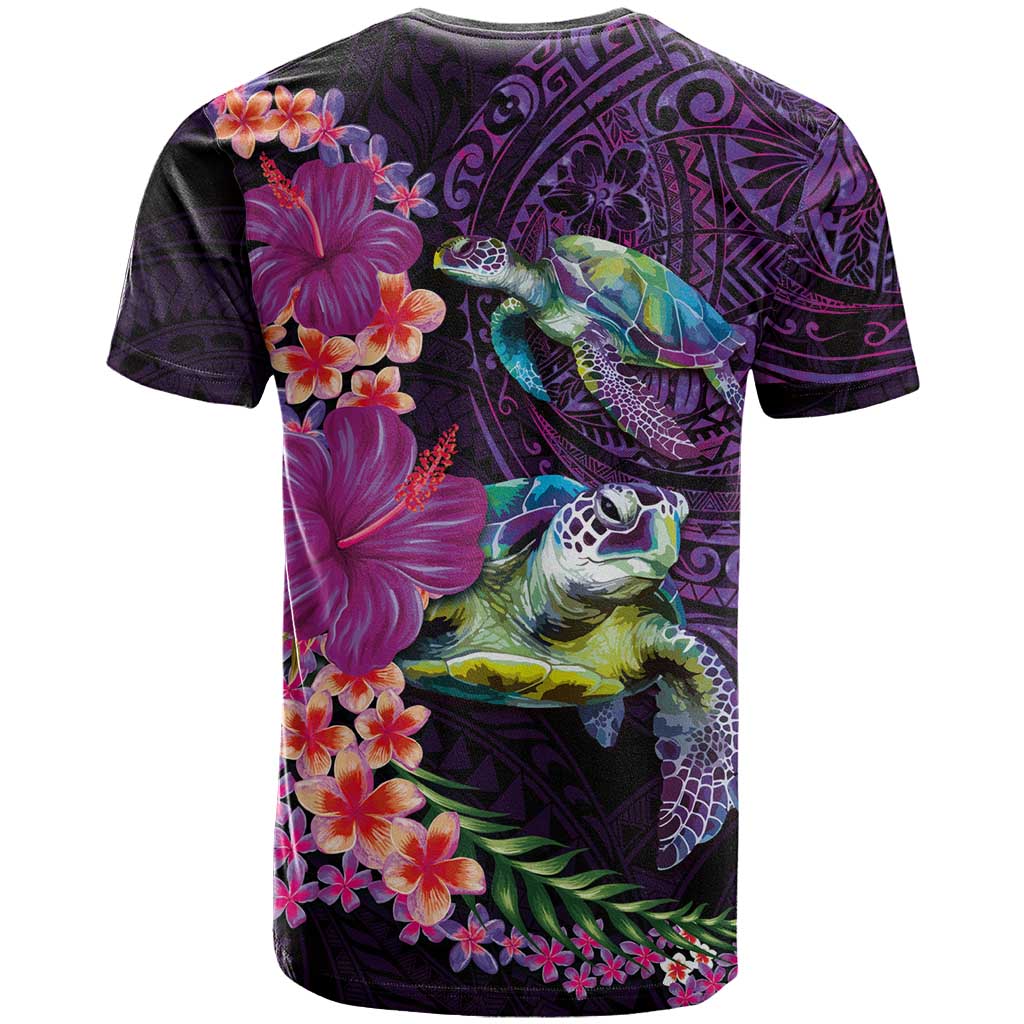 Hawaiian Plumeria and Hibiscus with Turtles T Shirt Polynesian Art Purple Color - Polynesian Pride