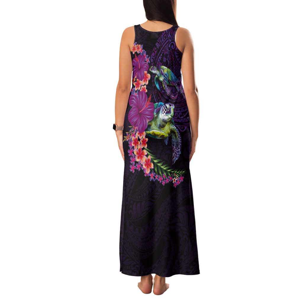 Hawaiian Plumeria and Hibiscus with Turtles Tank Maxi Dress Polynesian Art Purple Color - Polynesian Pride