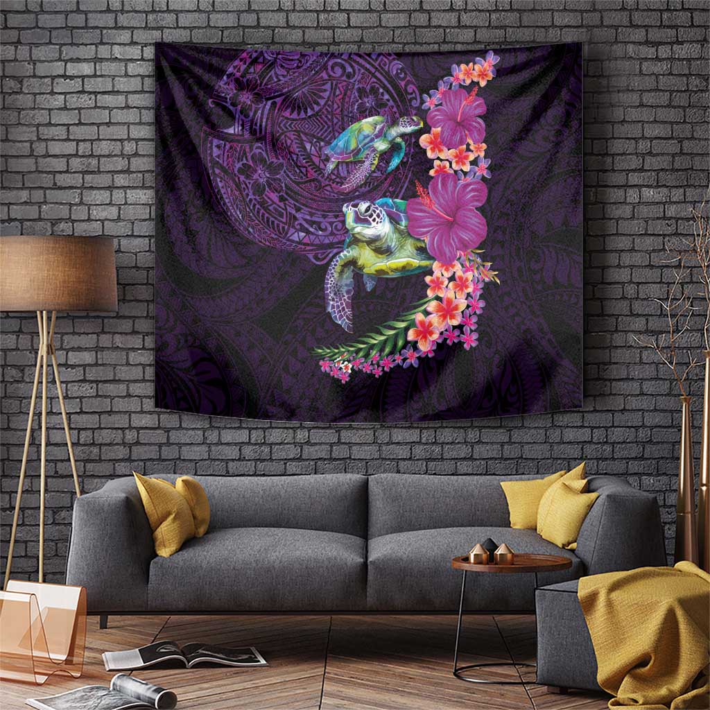 Hawaiian Plumeria and Hibiscus with Turtles Tapestry Polynesian Art Purple Color LT03 Purple - Polynesian Pride