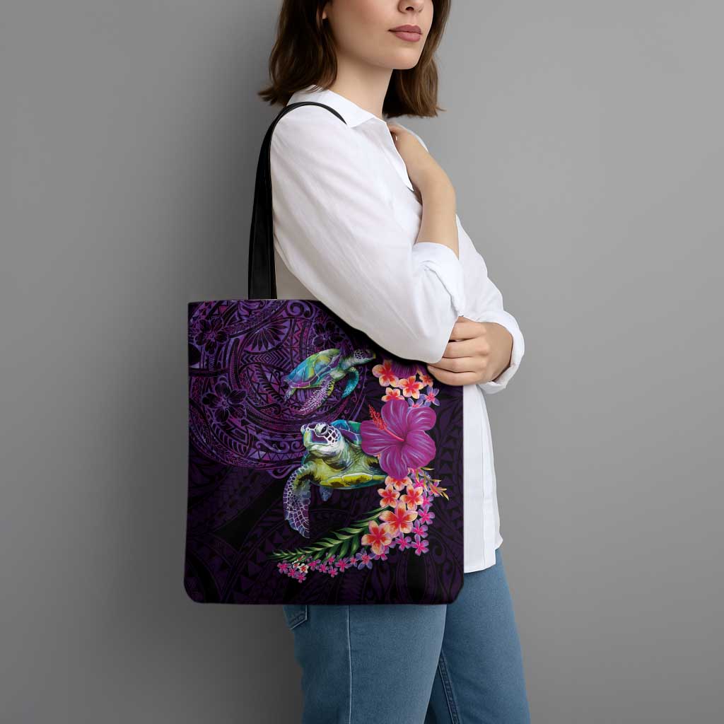 Hawaiian Plumeria and Hibiscus with Turtles Tote Bag Polynesian Art Purple Color - Polynesian Pride