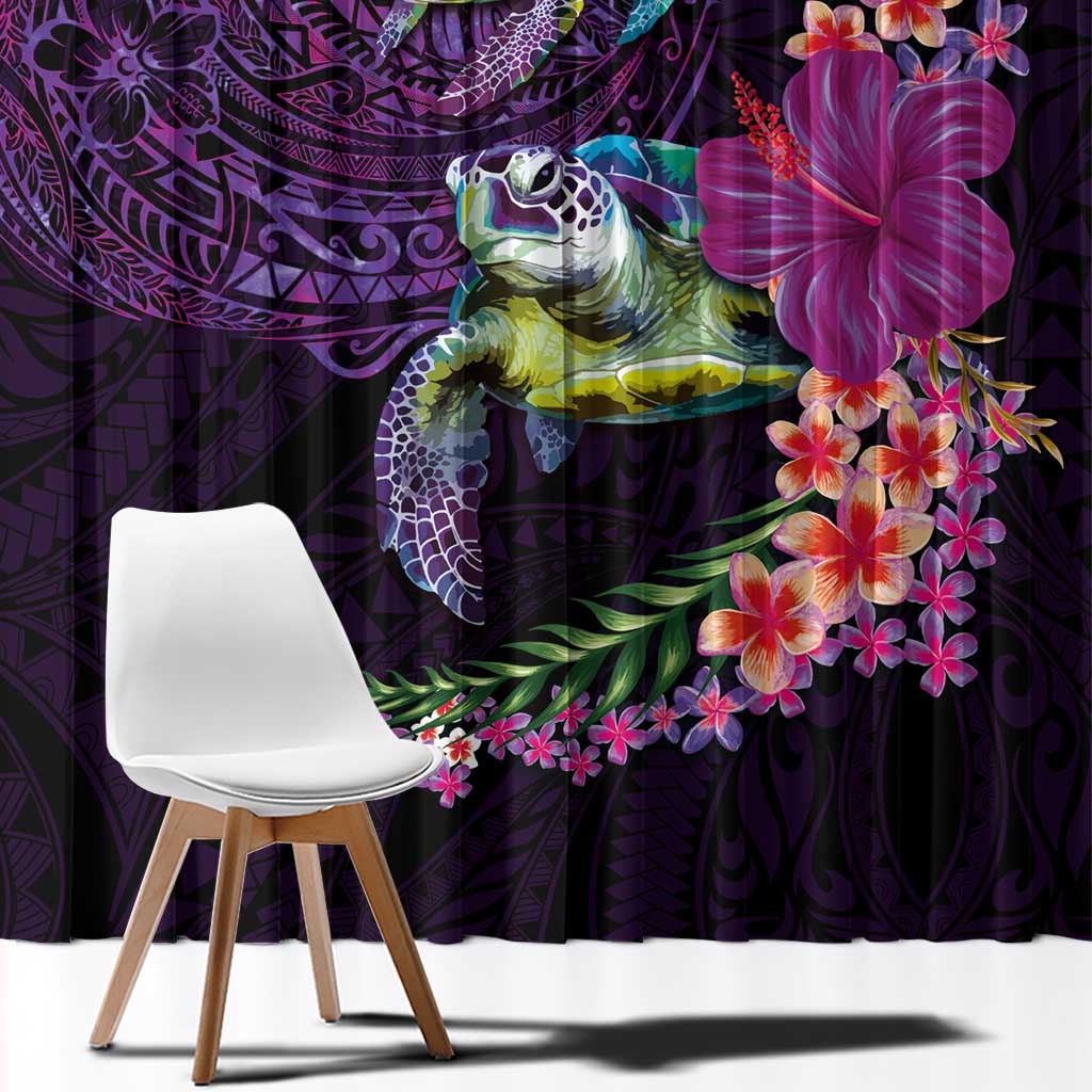 Hawaiian Plumeria and Hibiscus with Turtles Window Curtain Polynesian Art Purple Color - Polynesian Pride