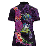 Hawaiian Plumeria and Hibiscus with Turtles Women Polo Shirt Polynesian Art Purple Color - Polynesian Pride