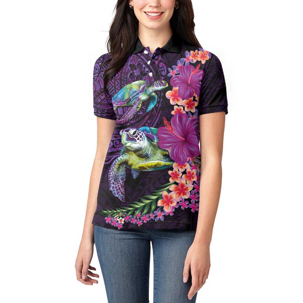 Hawaiian Plumeria and Hibiscus with Turtles Women Polo Shirt Polynesian Art Purple Color - Polynesian Pride