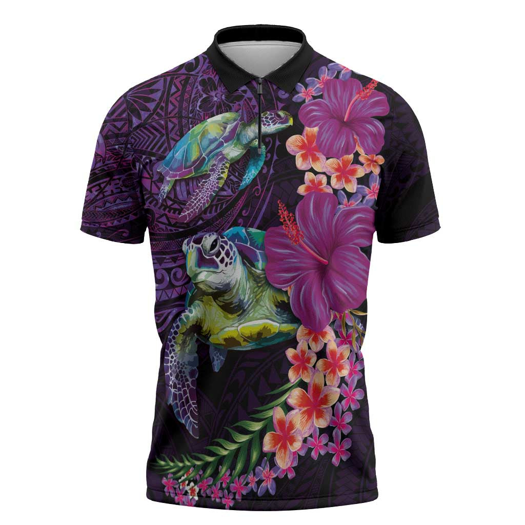 Hawaiian Plumeria and Hibiscus with Turtles Zipper Polo Shirt Polynesian Art Purple Color - Polynesian Pride