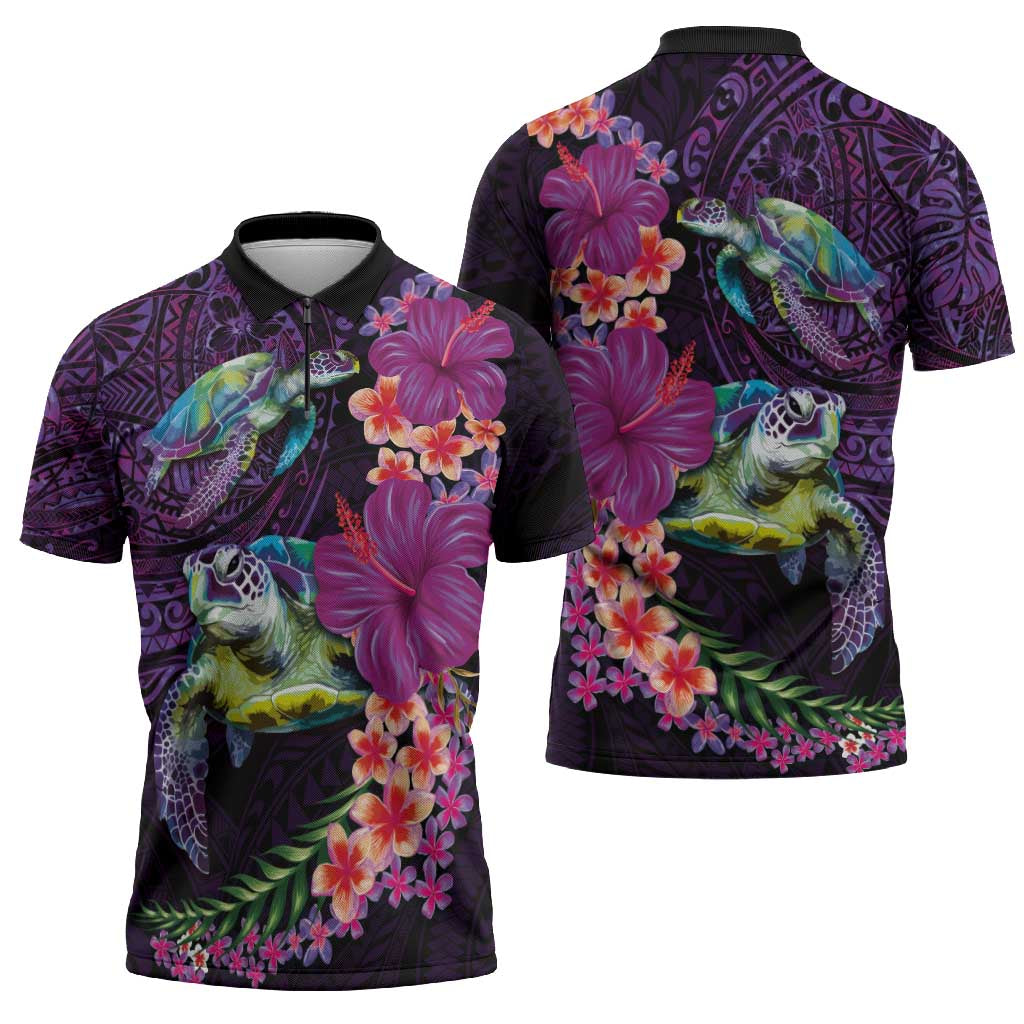Hawaiian Plumeria and Hibiscus with Turtles Zipper Polo Shirt Polynesian Art Purple Color - Polynesian Pride