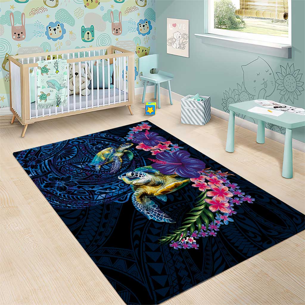 Hawaiian Plumeria and Hibiscus with Turtles Area Rug Polynesian Art Dark Cyan Color - Polynesian Pride