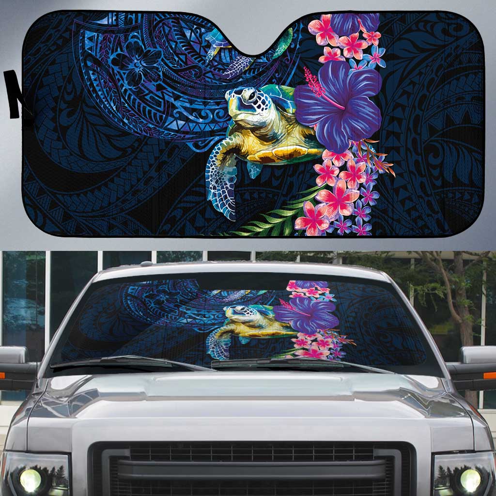 Hawaiian Plumeria and Hibiscus with Turtles Auto Sun Shade Polynesian Art Dark Cyan Color LT03 Dark Cyan - Polynesian Pride