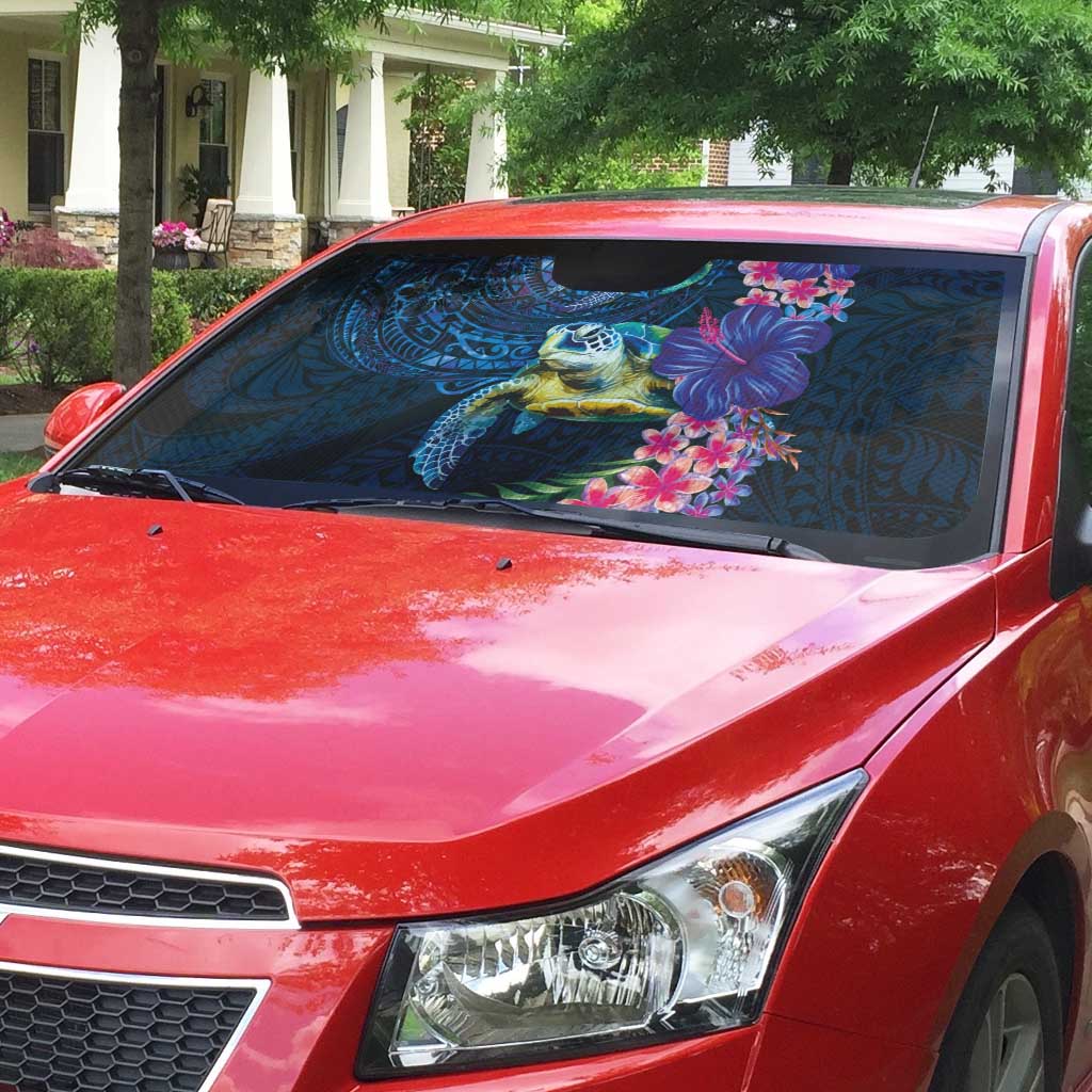 Hawaiian Plumeria and Hibiscus with Turtles Auto Sun Shade Polynesian Art Dark Cyan Color - Polynesian Pride