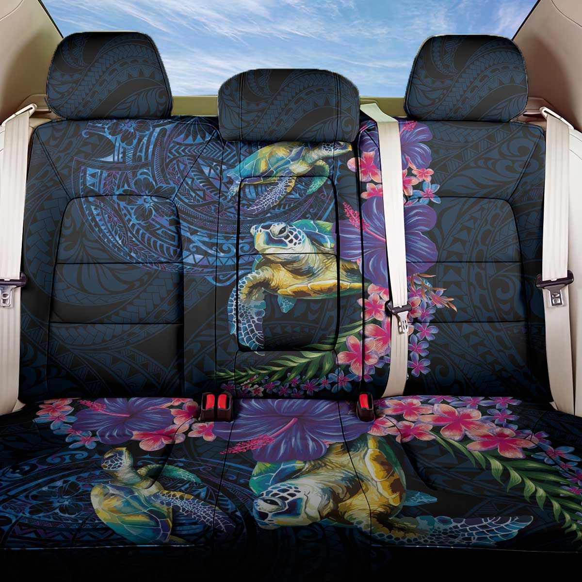 Hawaiian Plumeria and Hibiscus with Turtles Back Car Seat Cover Polynesian Art Dark Cyan Color - Polynesian Pride