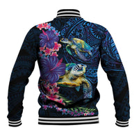 Hawaiian Plumeria and Hibiscus with Turtles Baseball Jacket Polynesian Art Dark Cyan Color - Polynesian Pride