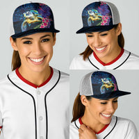 Hawaiian Plumeria and Hibiscus with Turtles Baseball Net Cap Polynesian Art Dark Cyan Color - Polynesian Pride