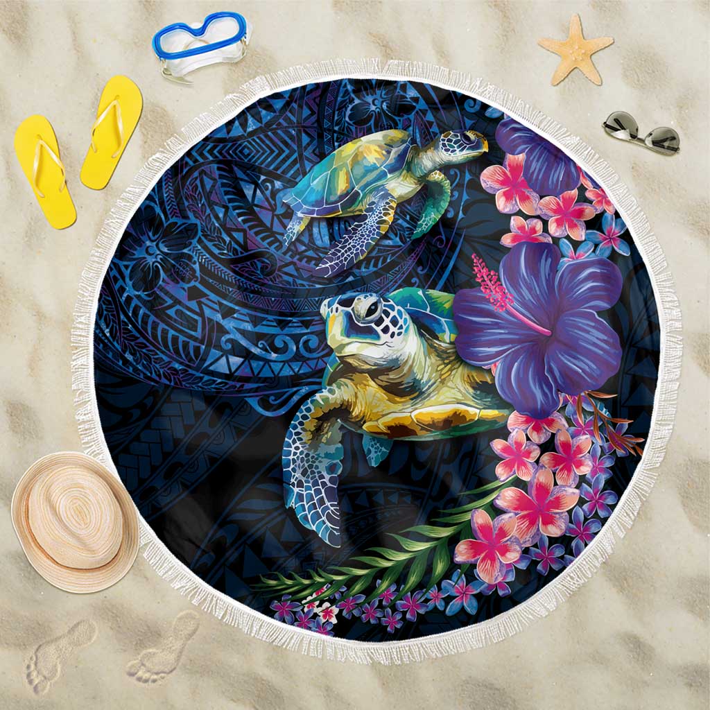 Hawaiian Plumeria and Hibiscus with Turtles Beach Blanket Polynesian Art Dark Cyan Color LT03 One Size 150cm Dark Cyan - Polynesian Pride