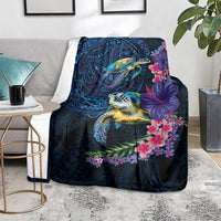 Hawaiian Plumeria and Hibiscus with Turtles Blanket Polynesian Art Dark Cyan Color - Polynesian Pride