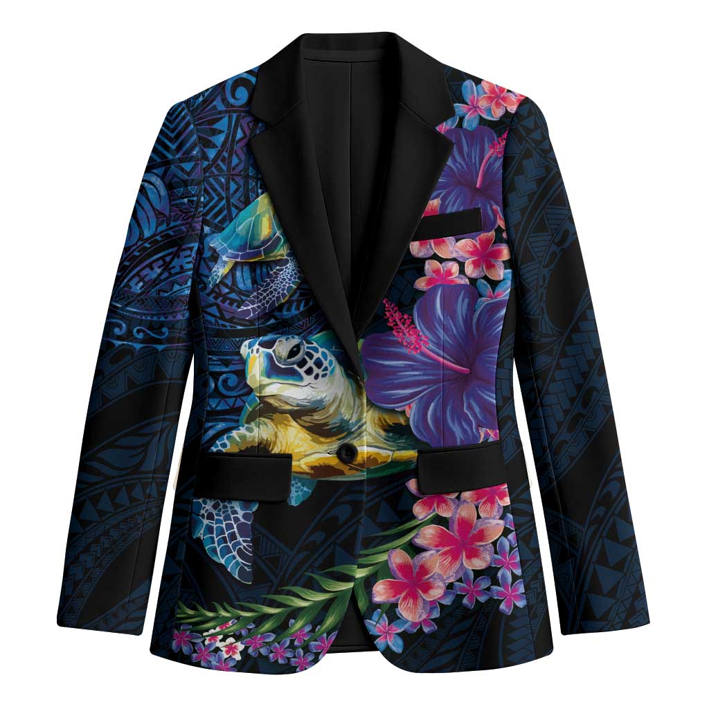 Hawaiian Plumeria and Hibiscus with Turtles Blazer Polynesian Art Dark Cyan Color - Polynesian Pride